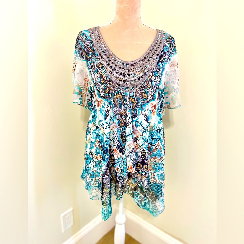 Adorable Colorful SharkBite Hem Top with Crochet and Sequin Scoop NeckLine